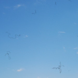 Ciel bleu flou et nuages avec, au premier plan, des torsions et des points subtils